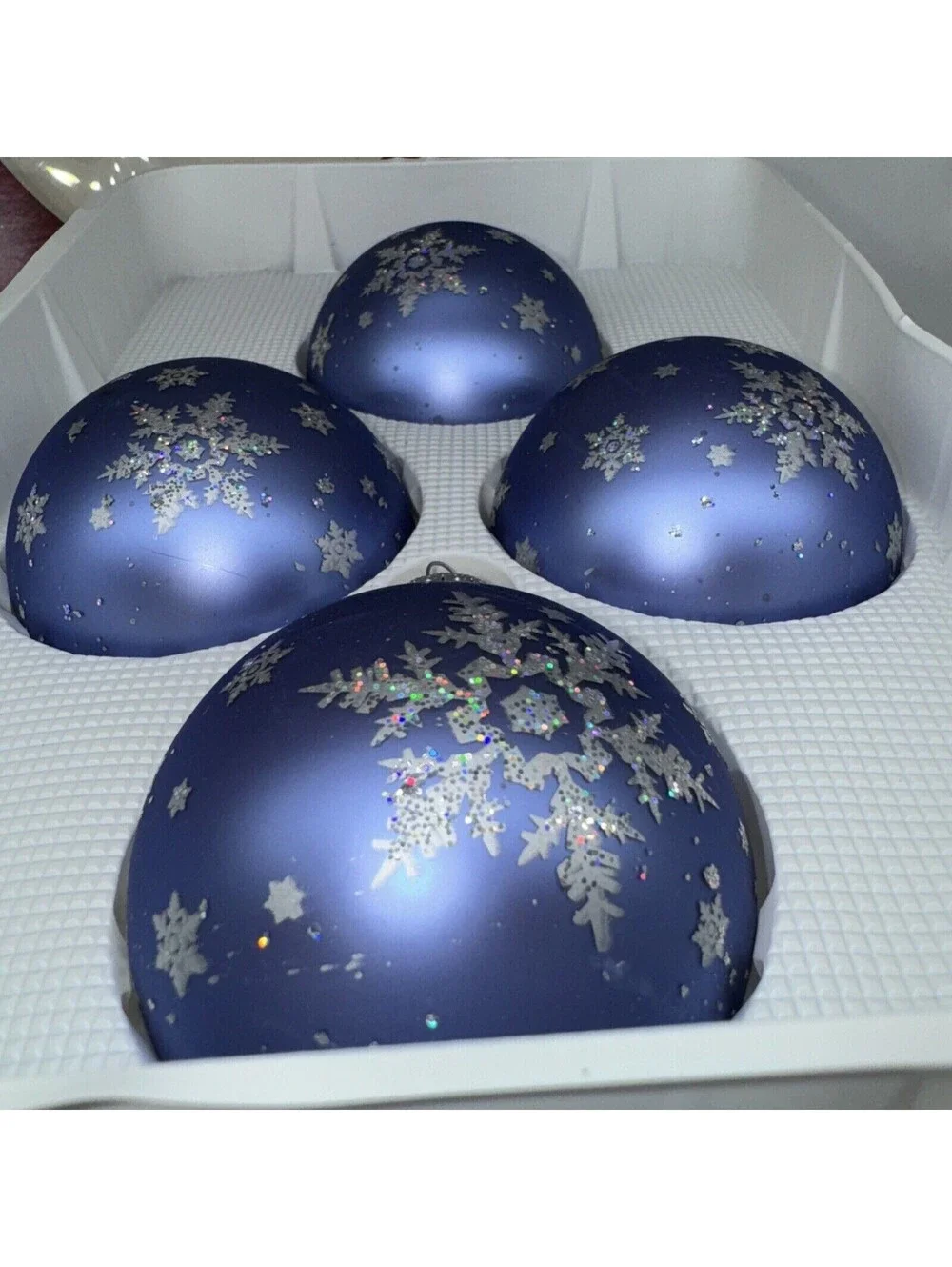 4 Vintage Christmas By Krebs Blue Glass Ball Ornament Silver Snowflake 2.5